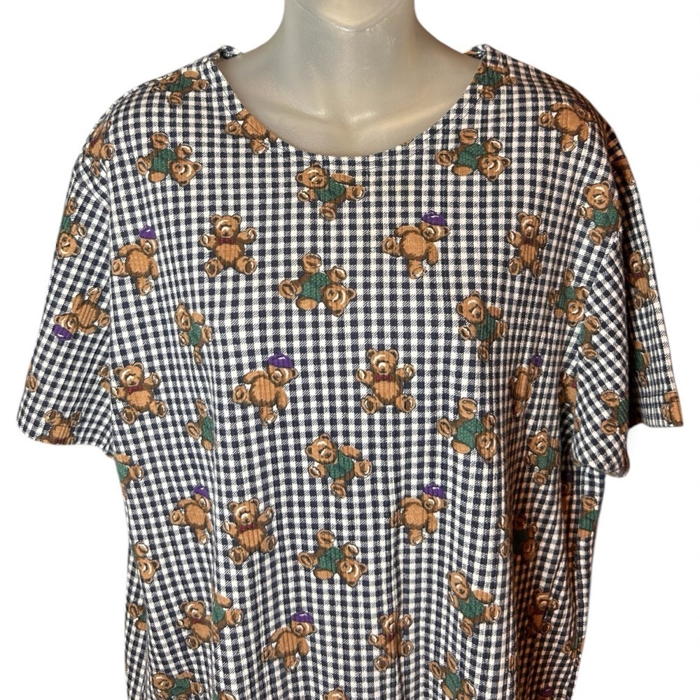 Vintage Gingham Teddy Bear Print Top Women Size L (18/20) Short Sleeve 80s 90s